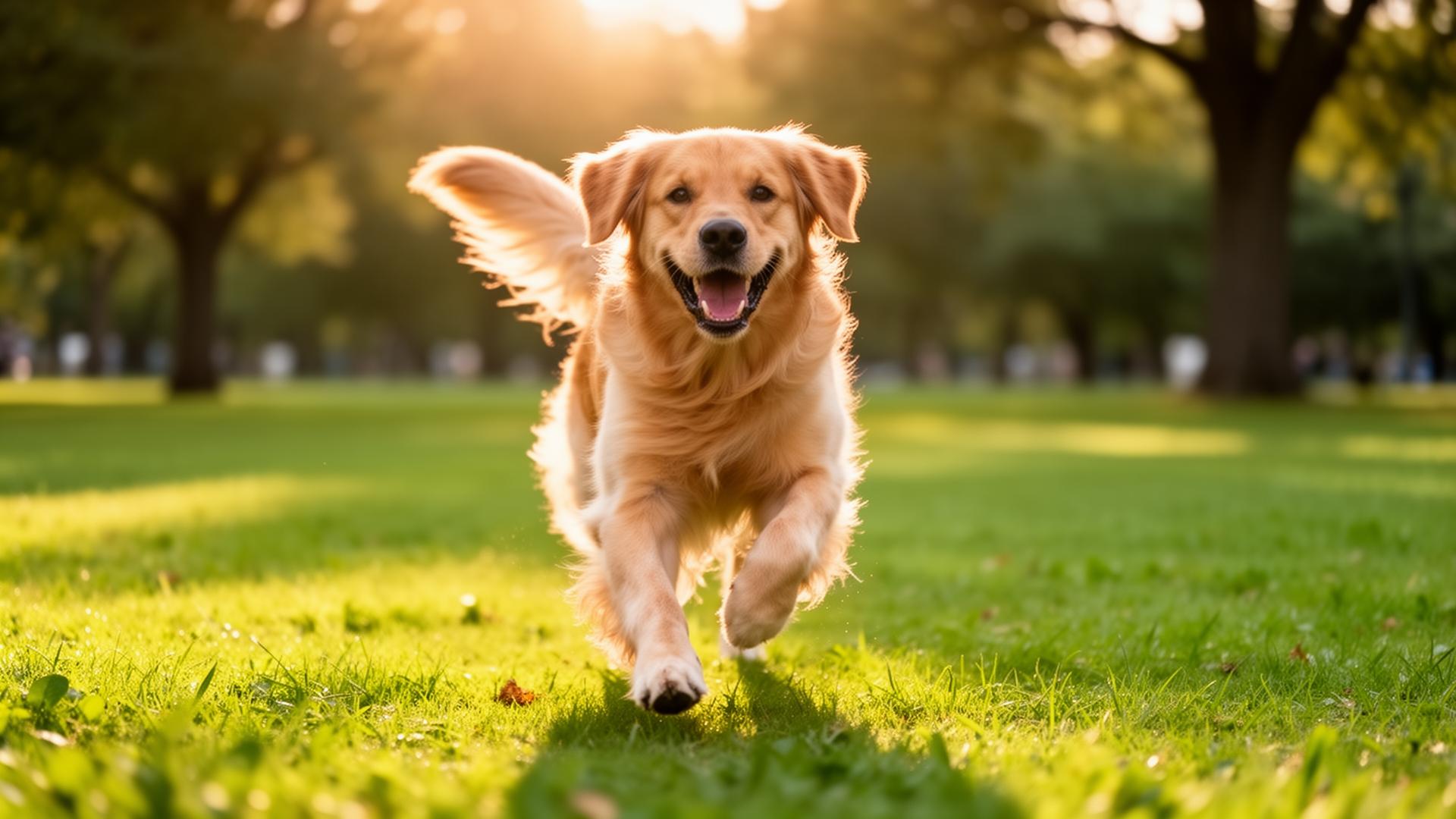 Cane felice che corre in un parco verde
